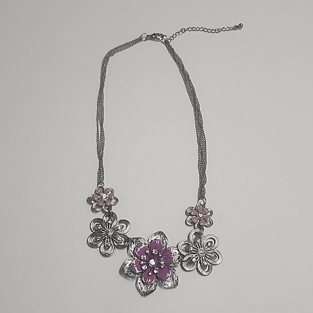 Silver Tone Flower Multistrand Chain Necklace Purple and Pink Womens Jewelry